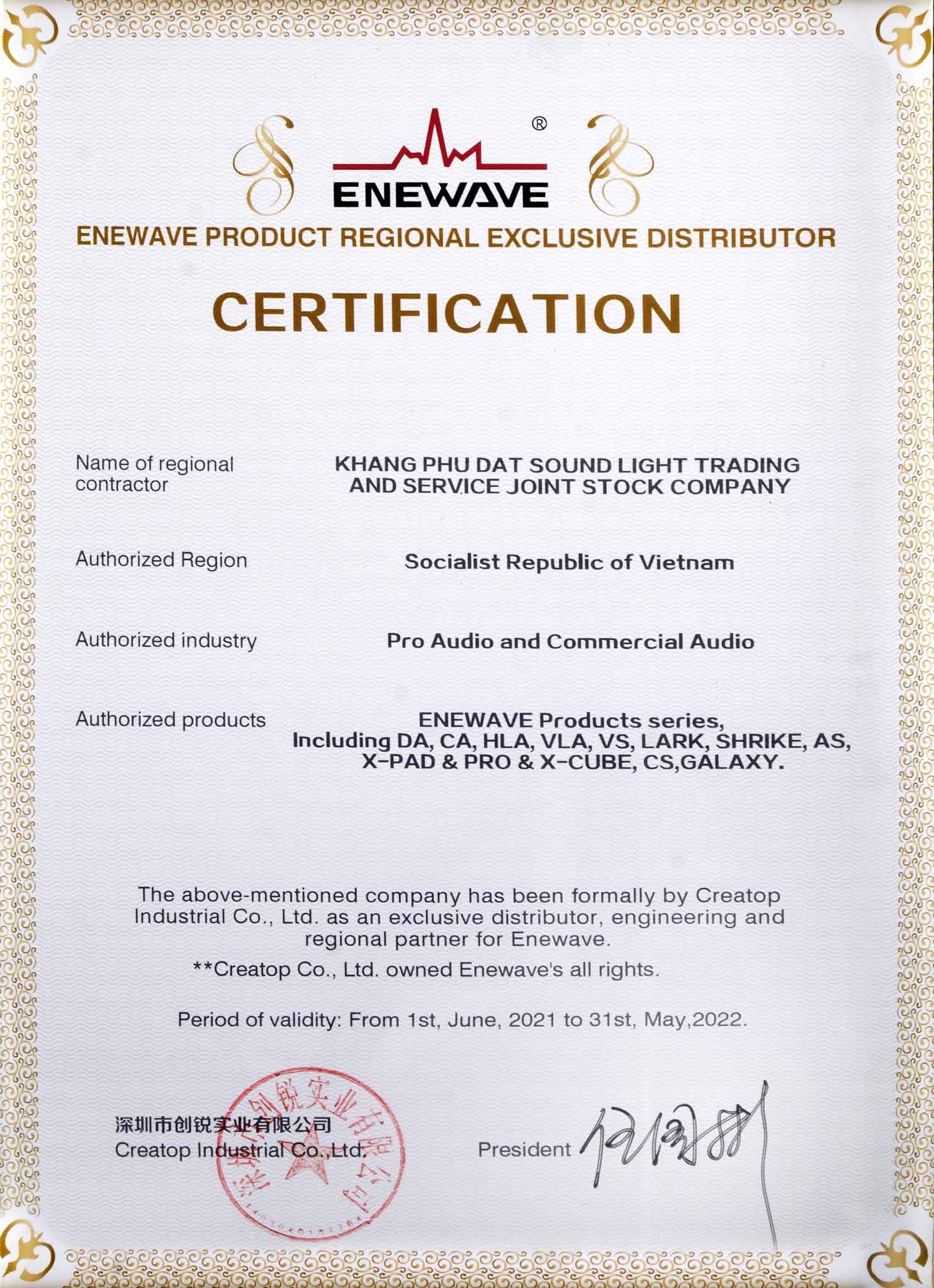 Chứng nhận sản phẩm độc quyền Enewave tại Việt Nam